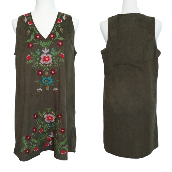 Umgee NWT Faux Suede Floral Embroidered Shift Mini Dress Olive Green Boho - Picture 1 of 6